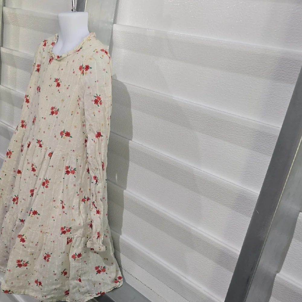 Cat & Jack Cream Red Floral Bishop Long‎  Sleeve Dress Size 7/8